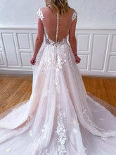 V-neck Tulle Sweep Train Wedding Dress with Appliques Lace for Ball Gown